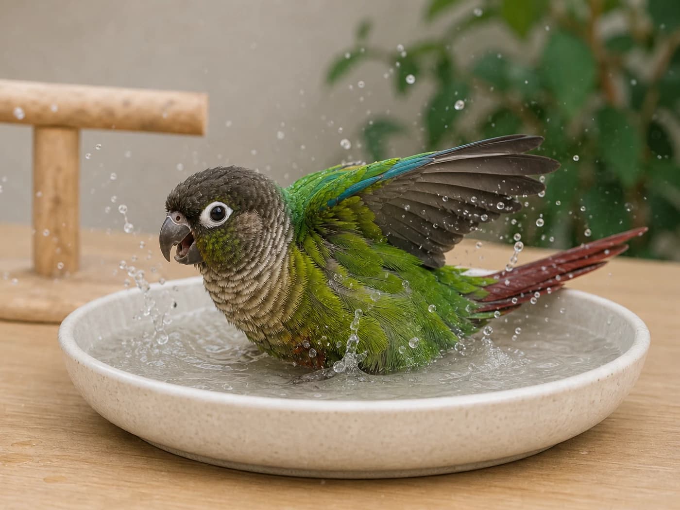Conure Bath excitement behavior reference image