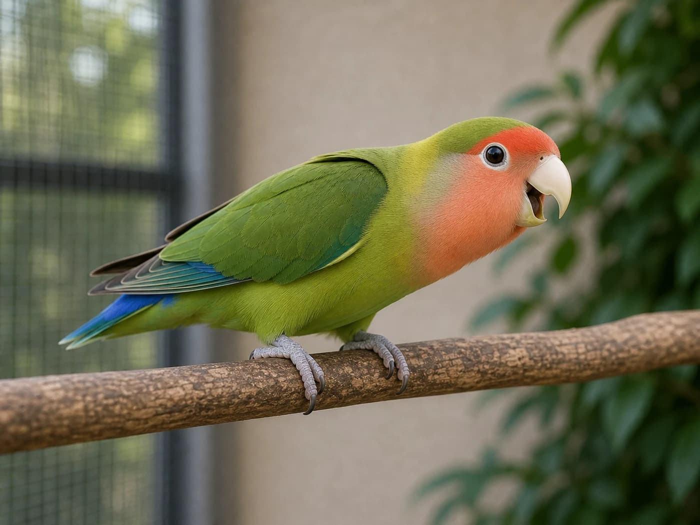 Lovebird Forward body, open beak behavior reference image