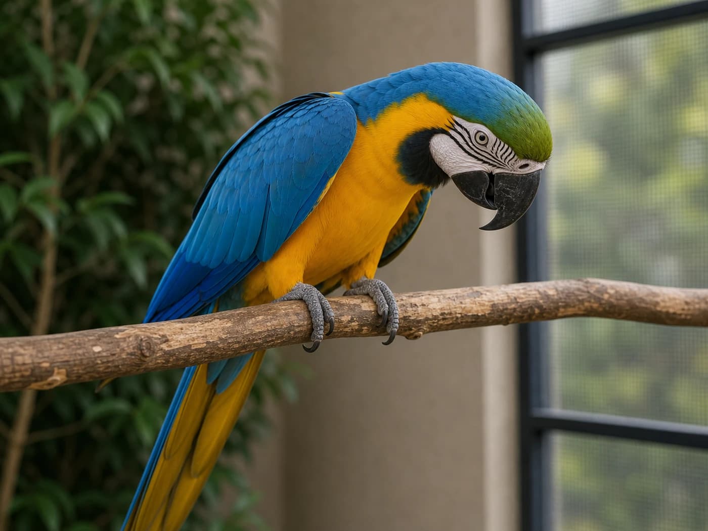 Macaw Head down, tight eyes behavior reference image