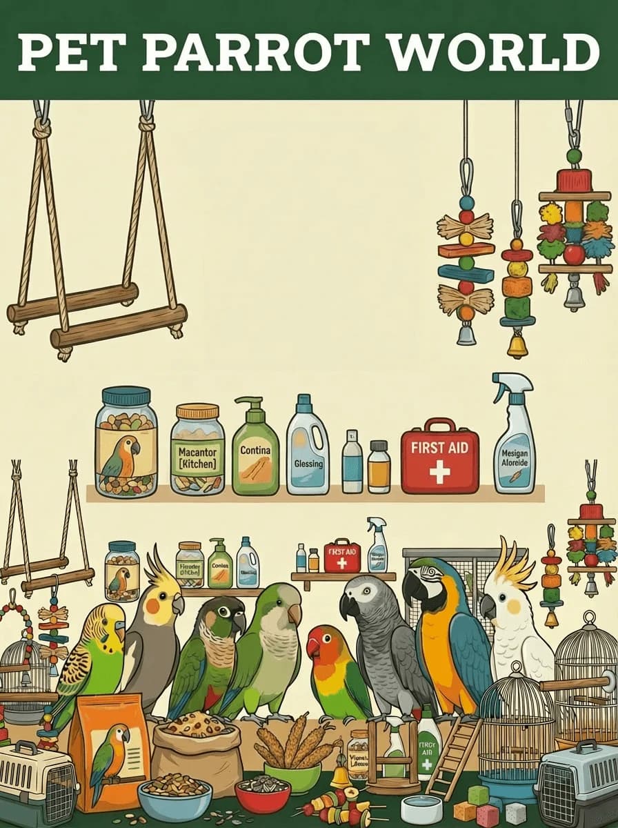 Pet Parrot World homepage banner featuring various parrots and premium parrot supplies including food, toys, and accessories