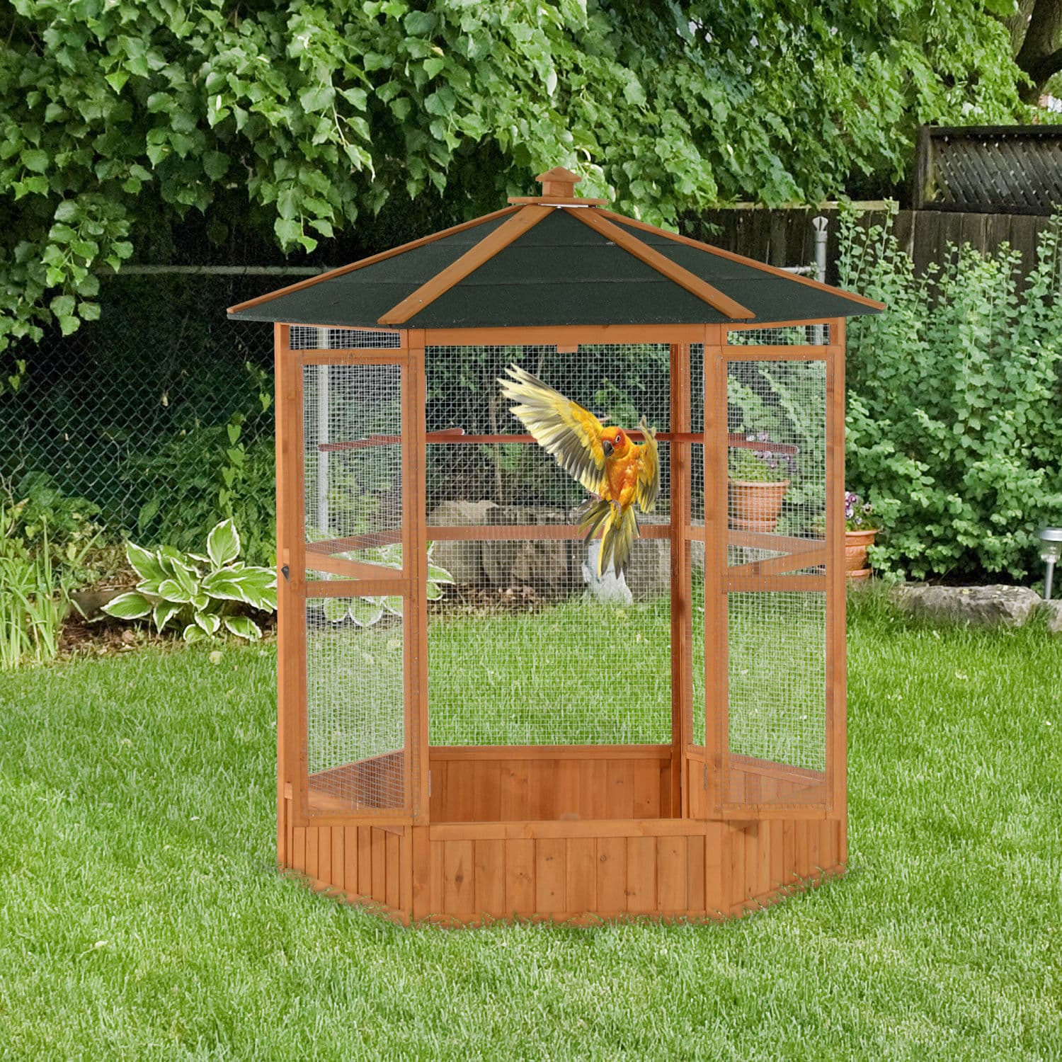 69-Inch Wooden Outdoor Aviary for Small Parrots, Brown