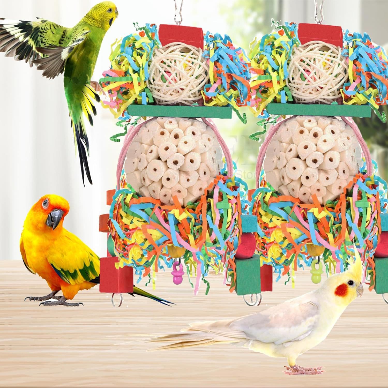 Straw Ball and Wooden Chew Toy for Parrots