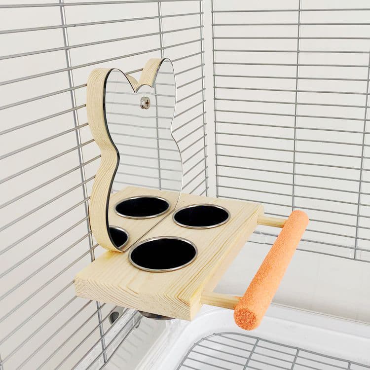 Wooden Parrot Activity Stand with Food Cup and Mirror