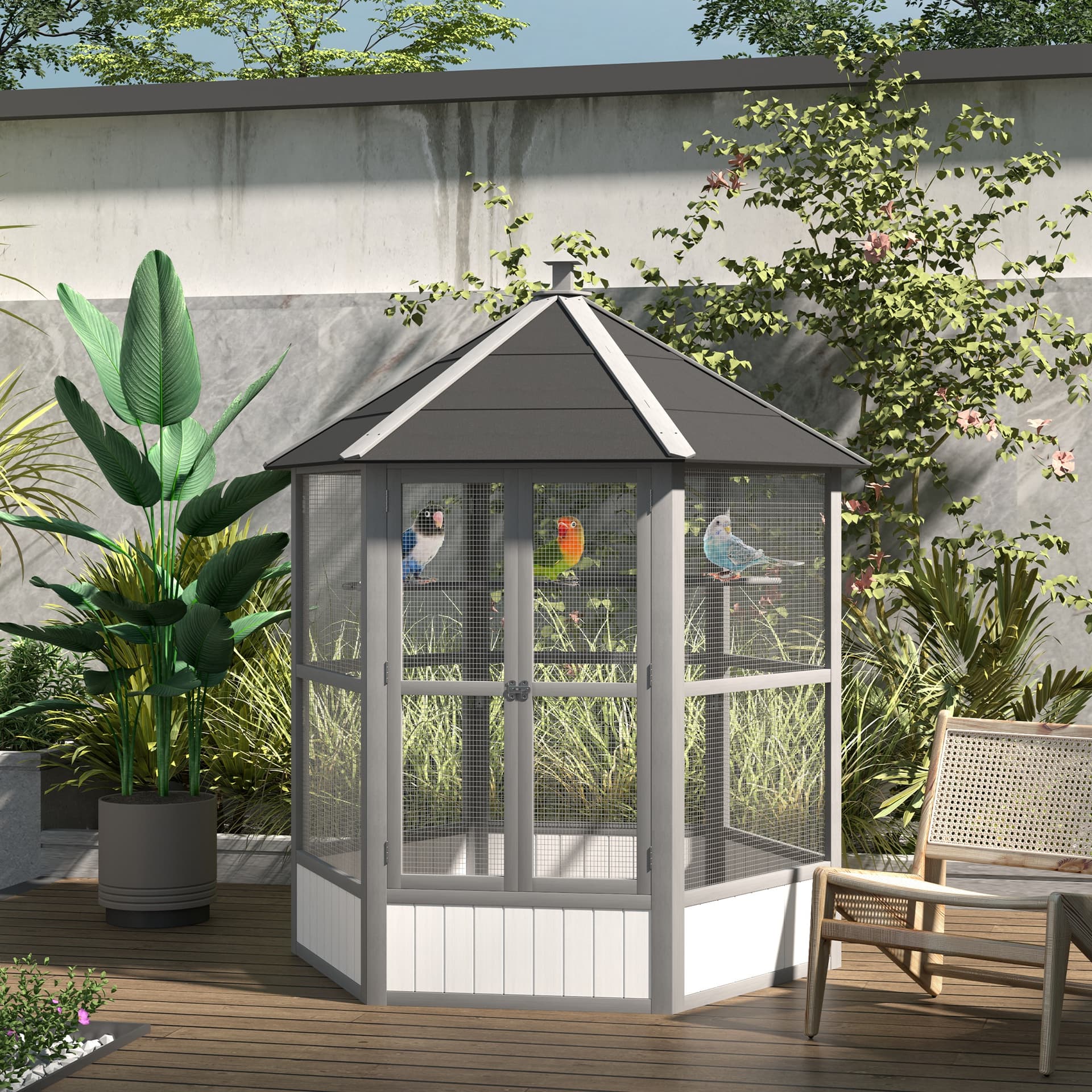 69-Inch Wooden Outdoor Aviary for Small Parrots, Light Gray