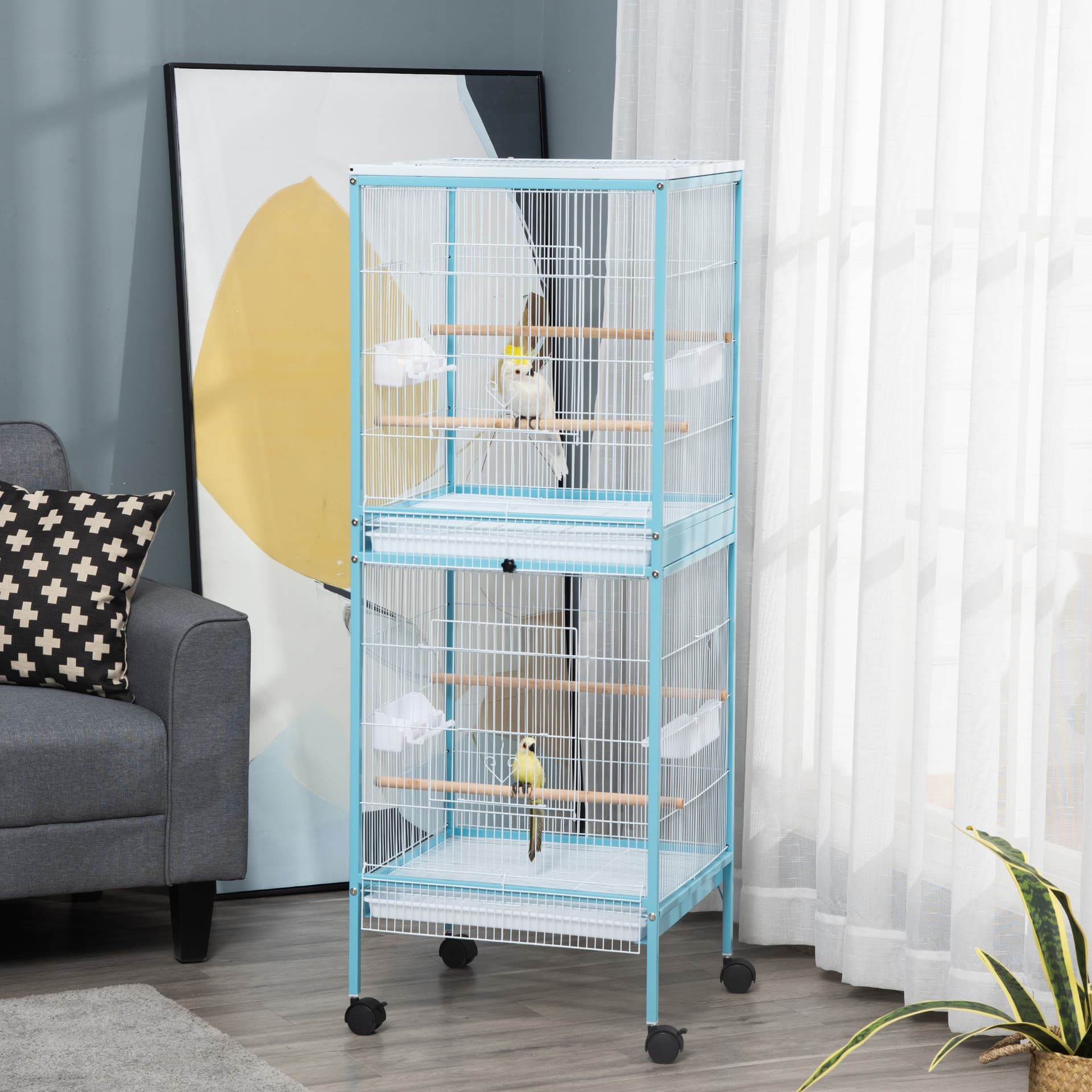 55-Inch 2-in-1 Rolling Bird Cage, Light Blue